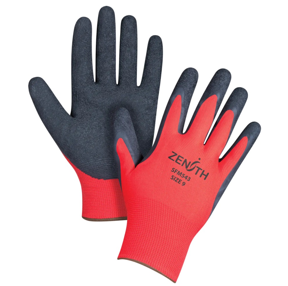 Zenith Coated Gloves, 9/Large, Rubber Latex Coating, 13 Gauge, Polyester Shell